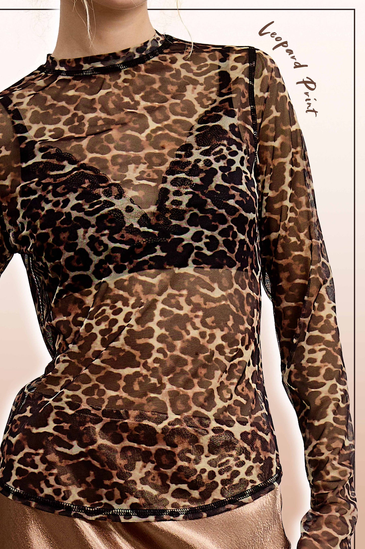 SemiSheer Leopard Crew Mock Neck Longsleeve Mesh Top