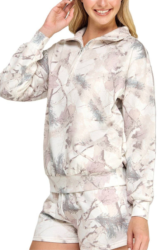 Fleece Camo Half Zip Up With Mock Neck Collar