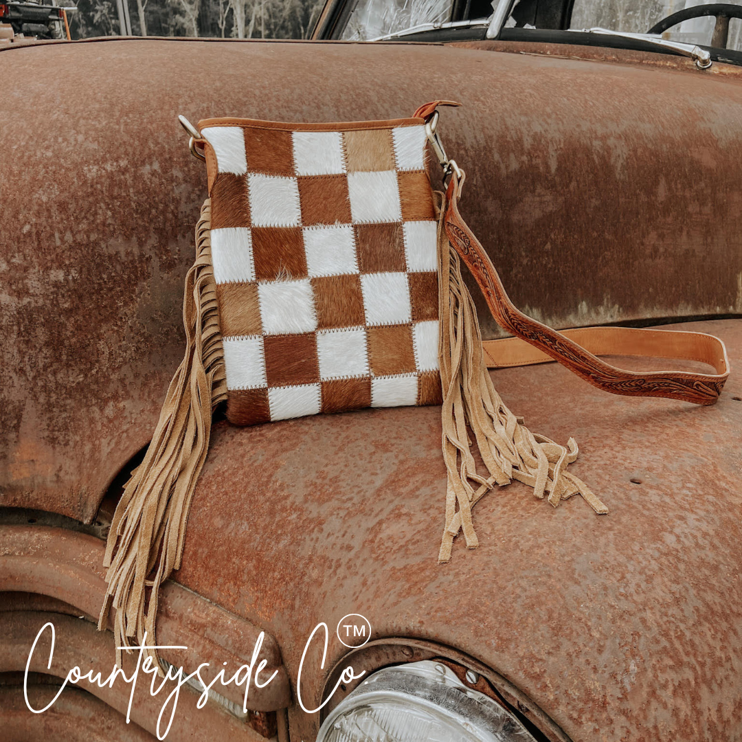 Stockdale Checkered Cowhide Fringe Purse, Brown & White