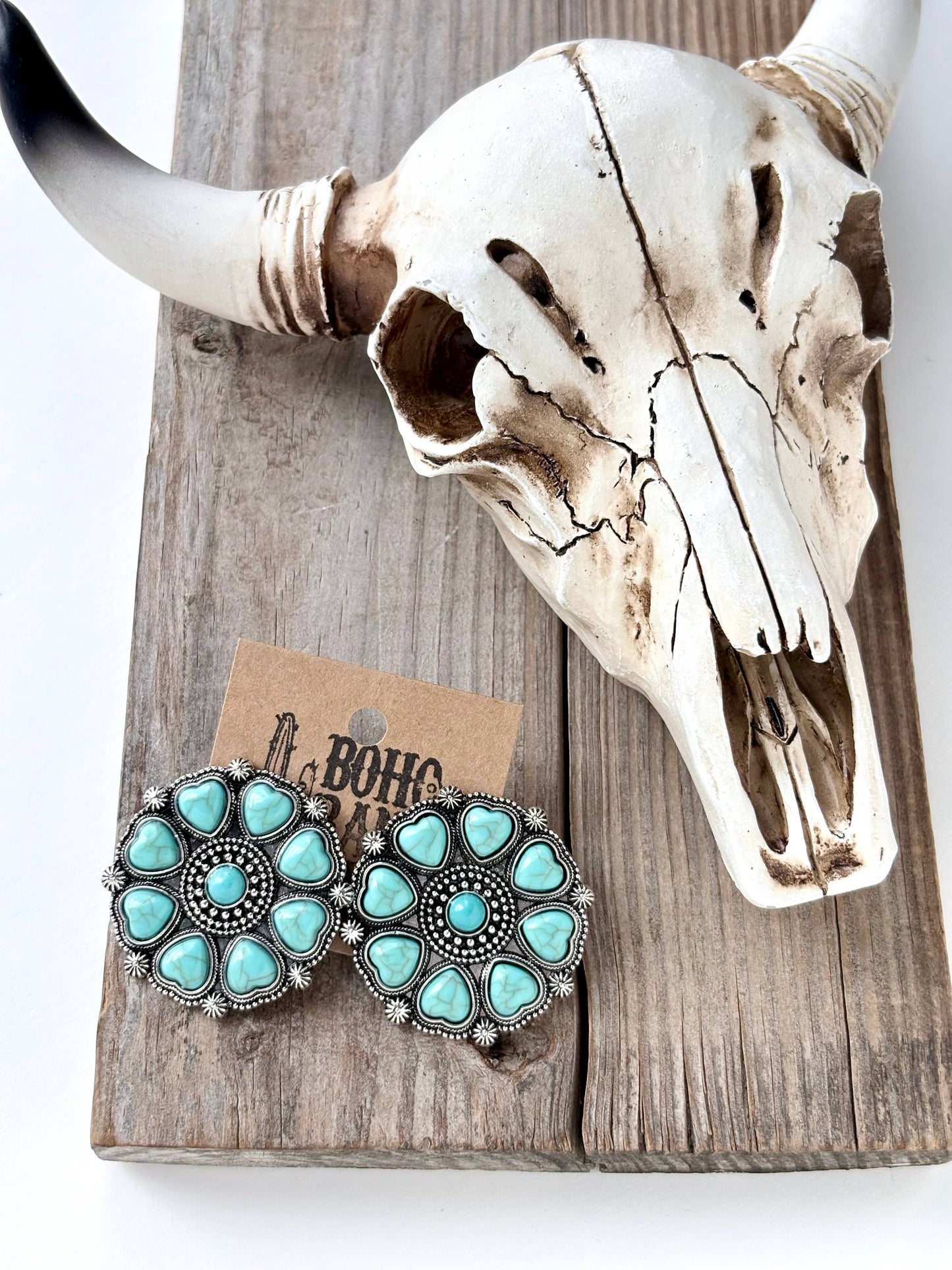 Western Style Heart Stone Concho Statement Stud Earrings