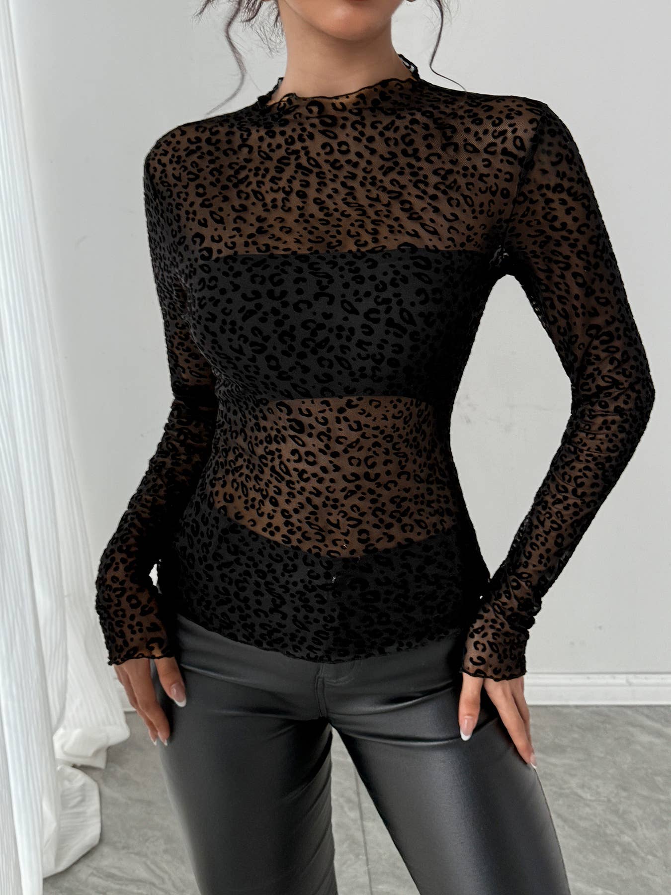 Ruffle Trim Sheer Mesh Long Sleeve Top