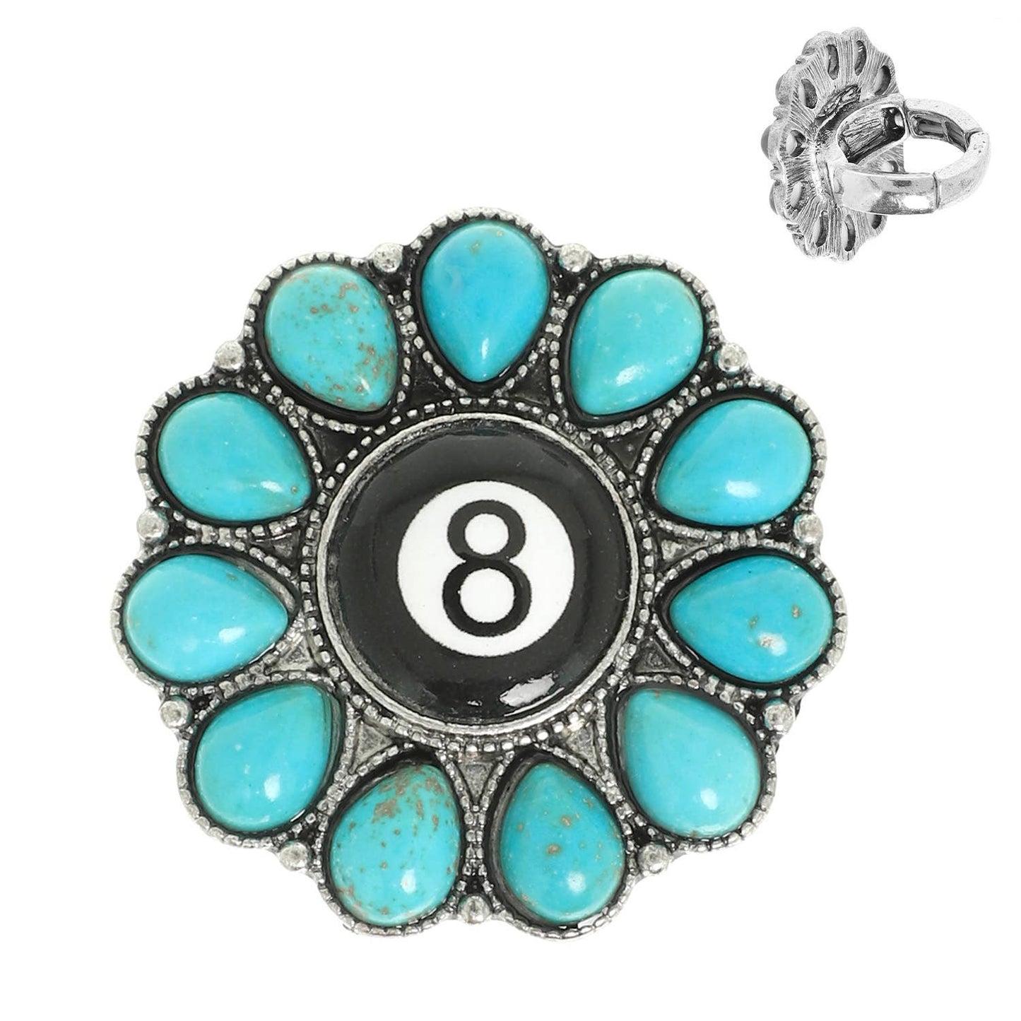 Western Turquoise Billiard 8 Ball Concho Stretch Ring