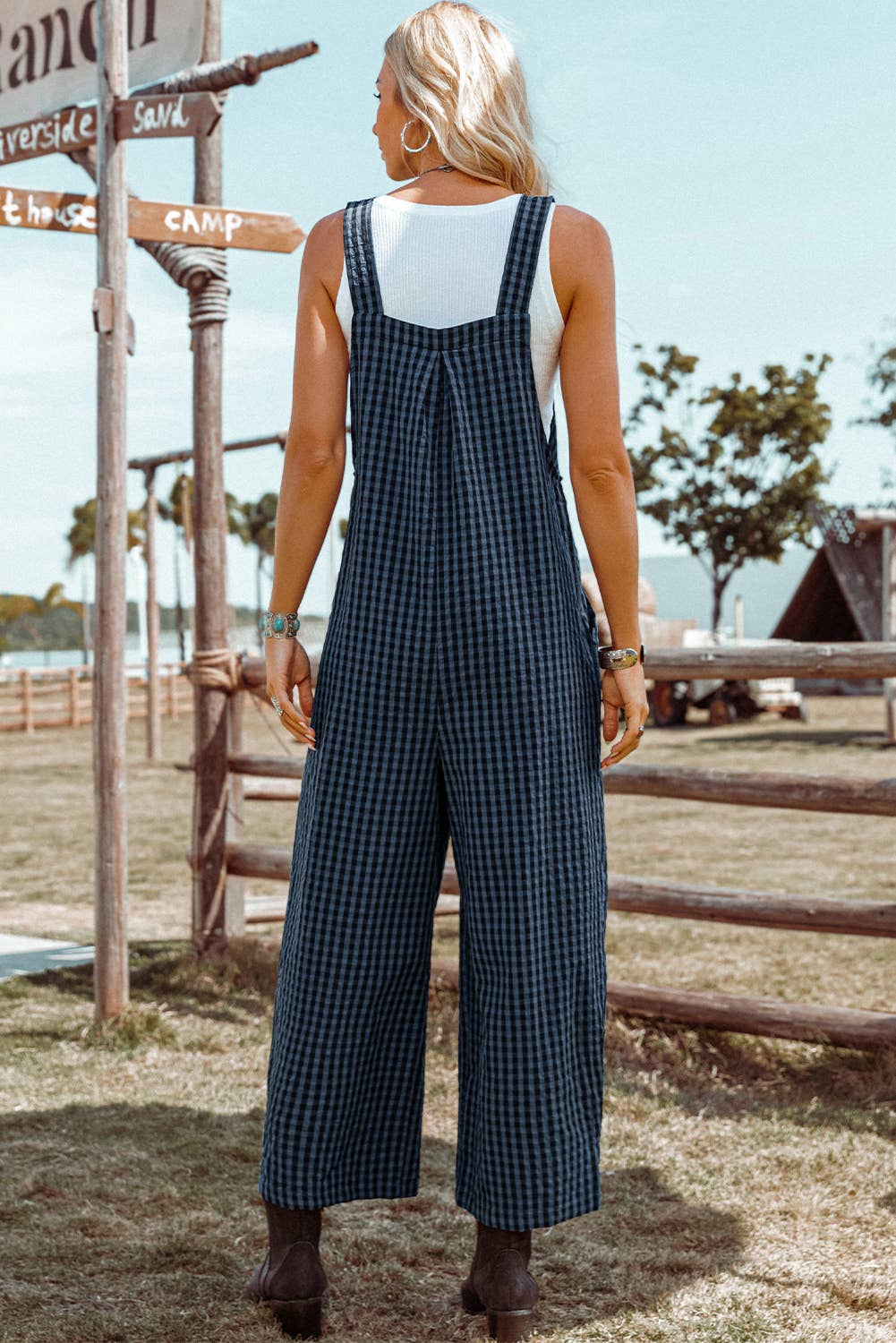 Plaid Print Buttoned Pocketed High Waist Overall