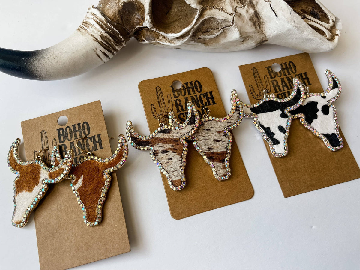 Western Cowhide Bling Steer Longhorn Earrings
