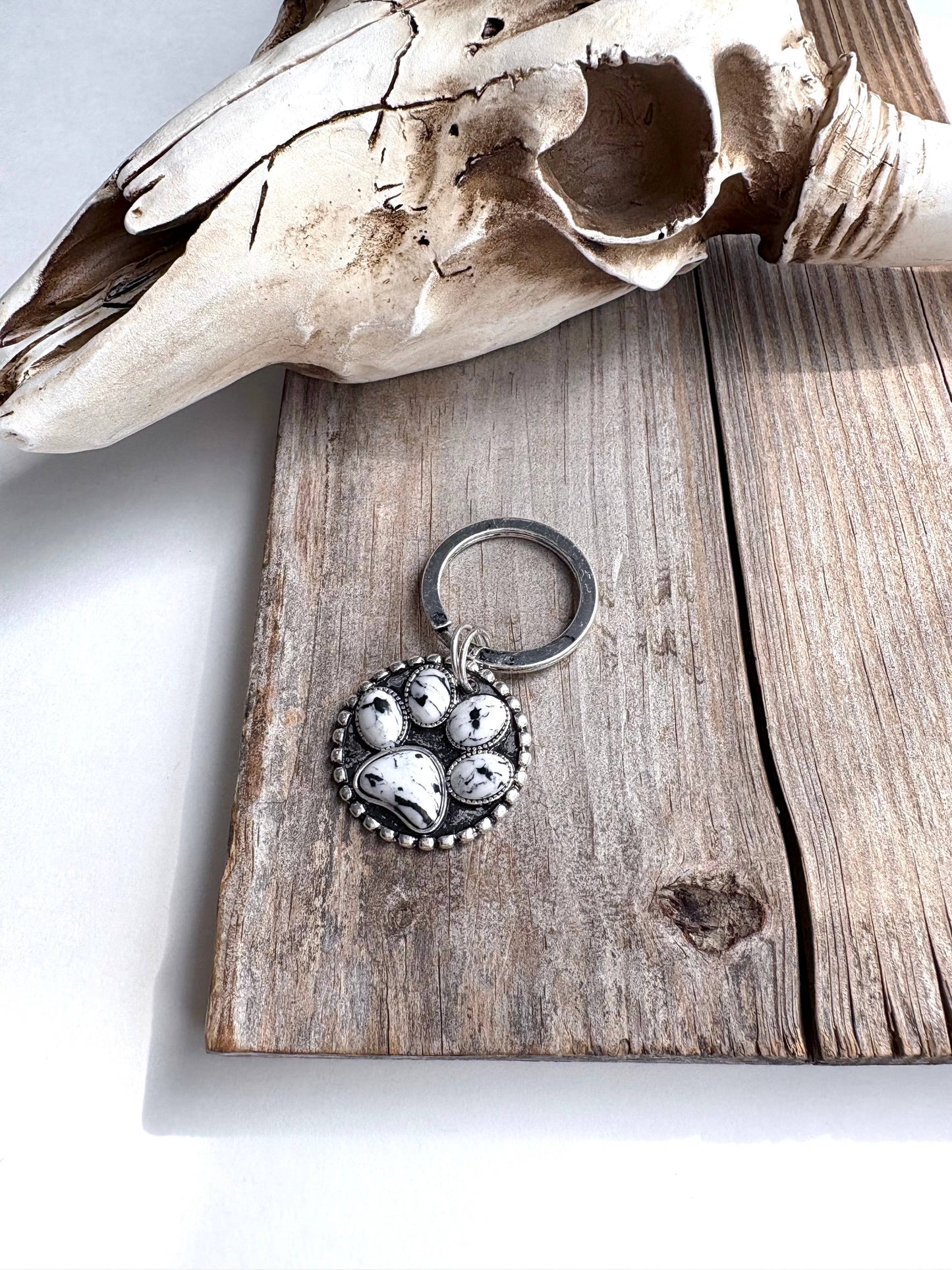 Dog Paw Stone Round Metal Pendant Keychain