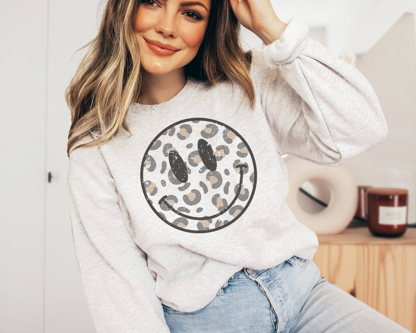 Brown Leopard Happy Face Crew Neck Sweatshirt