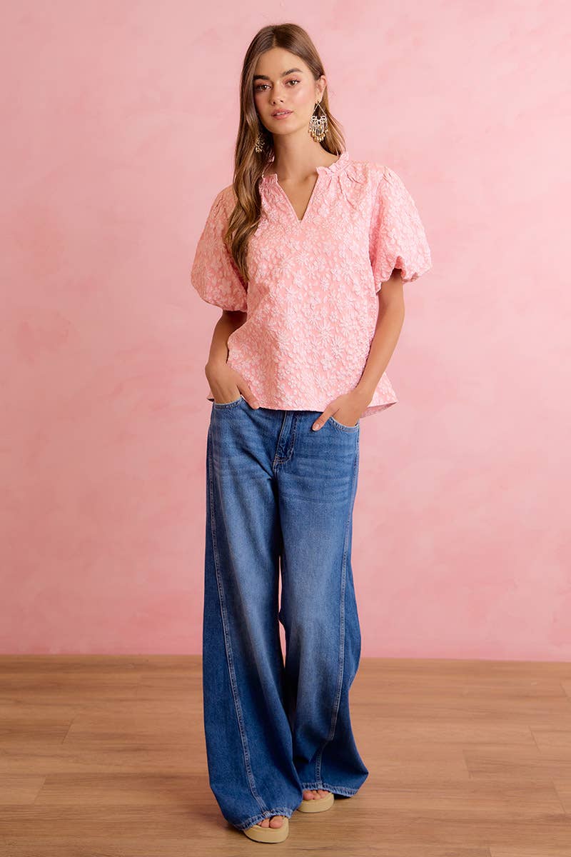 FLORAL PATTERN TEXTURE SLEEVES RUFFLED V-NECK TOP