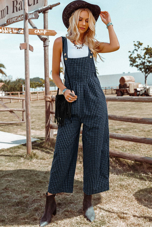 Plaid Print Buttoned Pocketed High Waist Overall