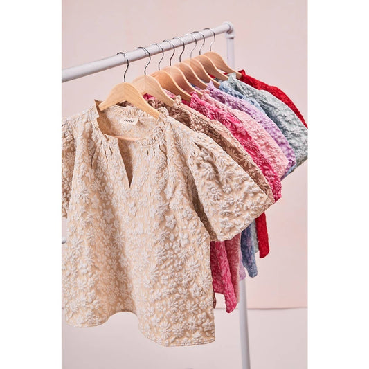 FLORAL PATTERN TEXTURE SLEEVES RUFFLED V-NECK TOP