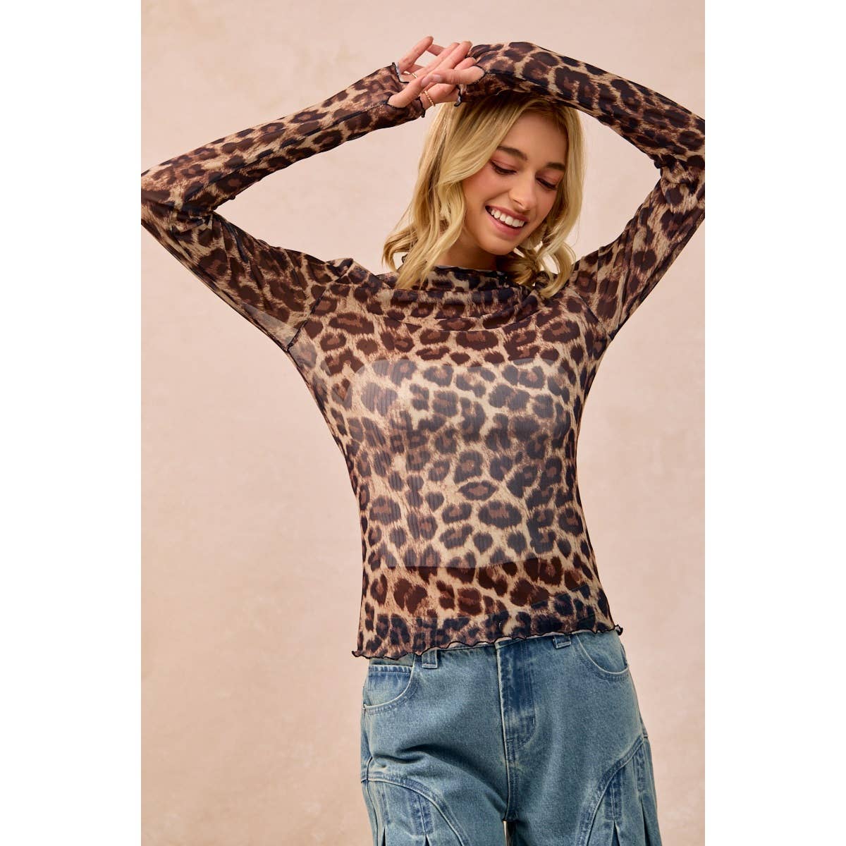MESH LEOPARD PRINTED TOP WITH LONG SLEEVES