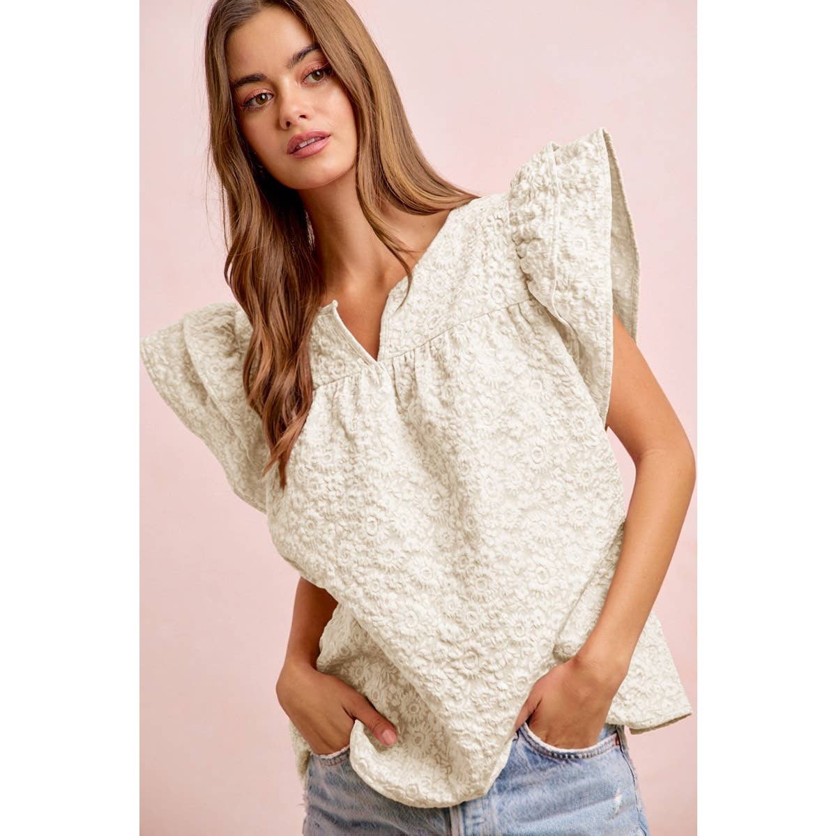 FLOWER JACQUARD RUFFLED NECK DROP BLOUSE TOP