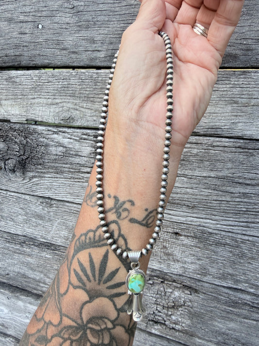 Navajo Made Sharon McCarthy Sonoran Gold Squash Blossom Pendant on 5mm Sterling Pearls