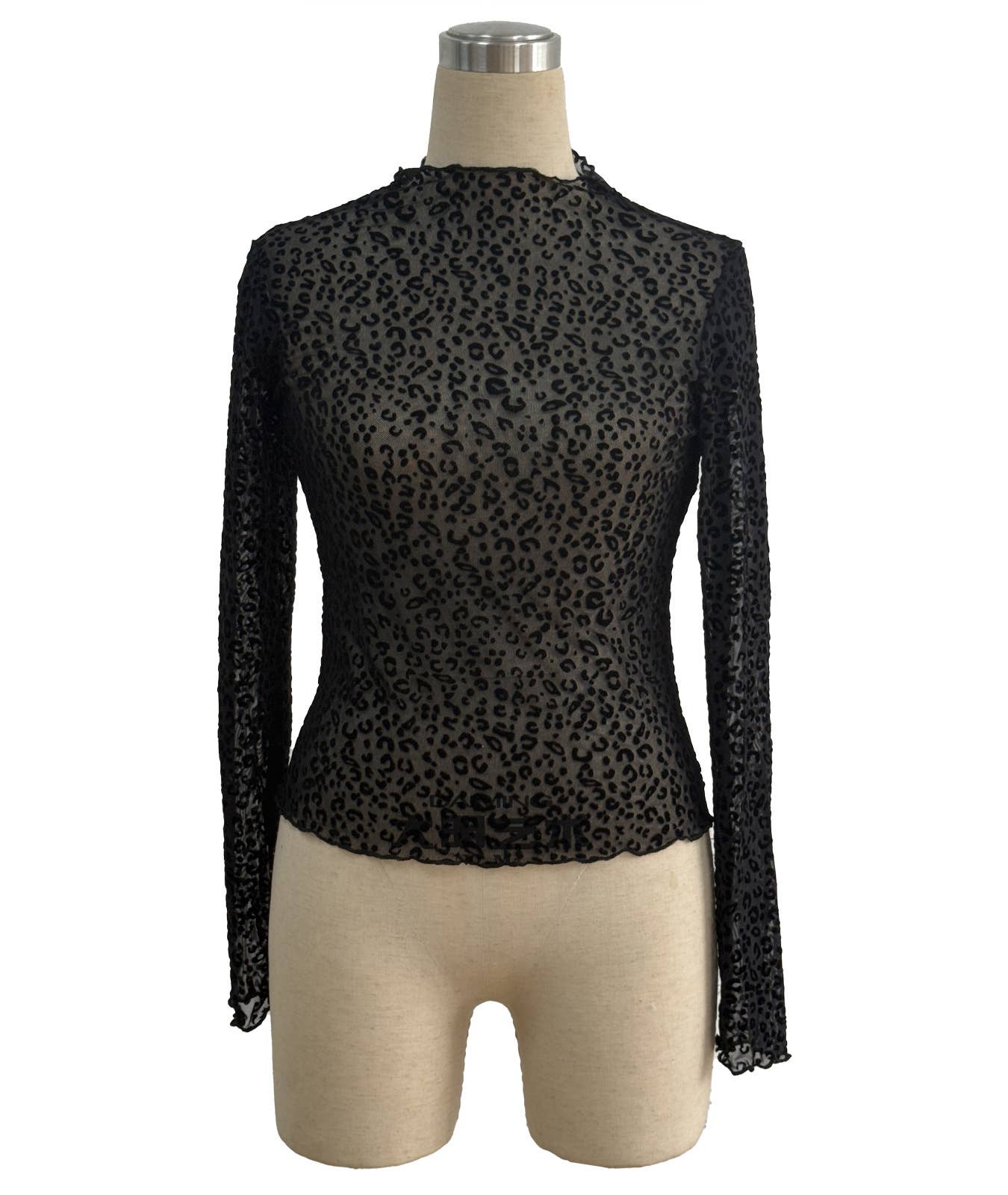 Ruffle Trim Sheer Mesh Long Sleeve Top