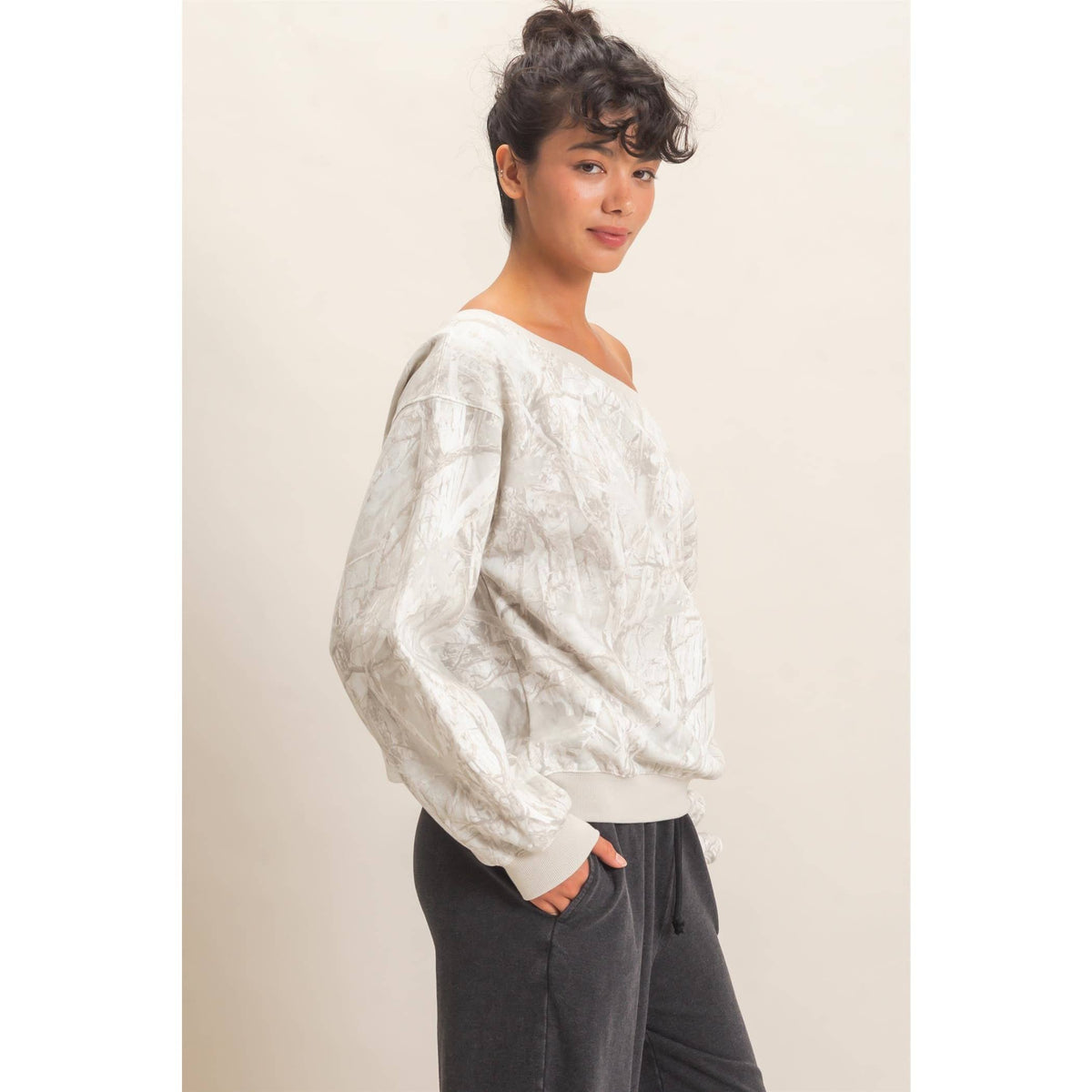 Tree Camouflage Print Off The Shoulder Sweatshirt