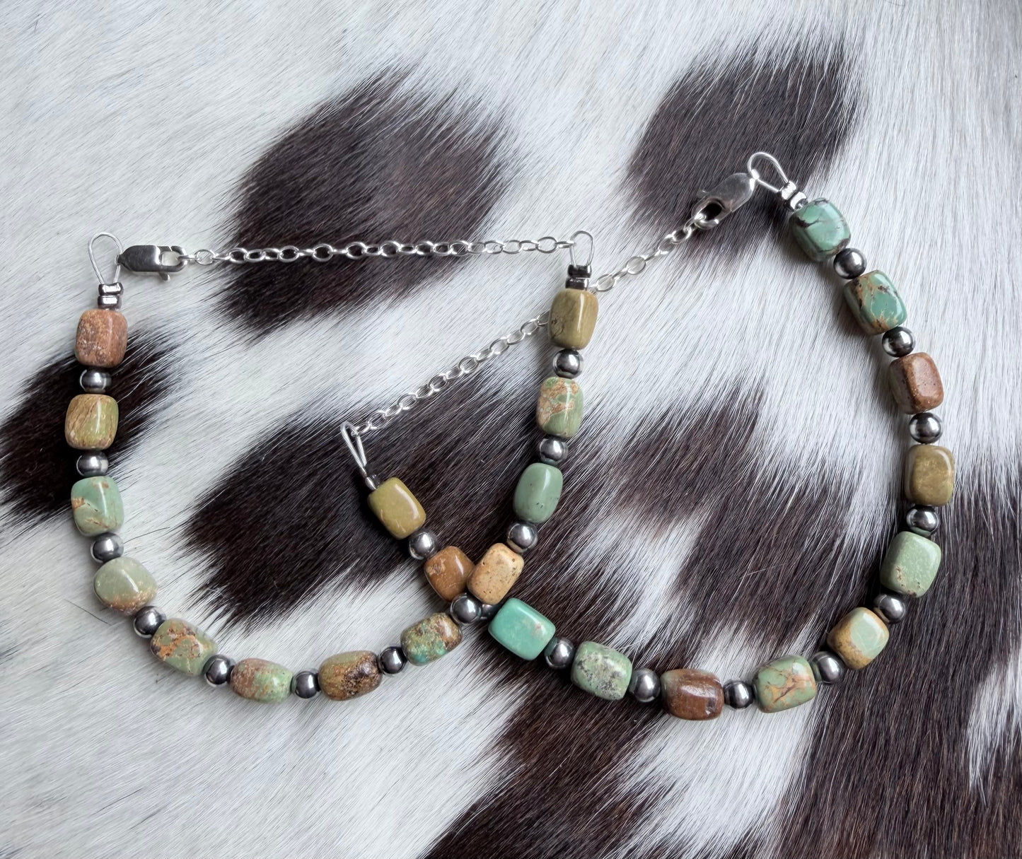 Polished Turquoise Bead and Sterling Pearl Bracelet