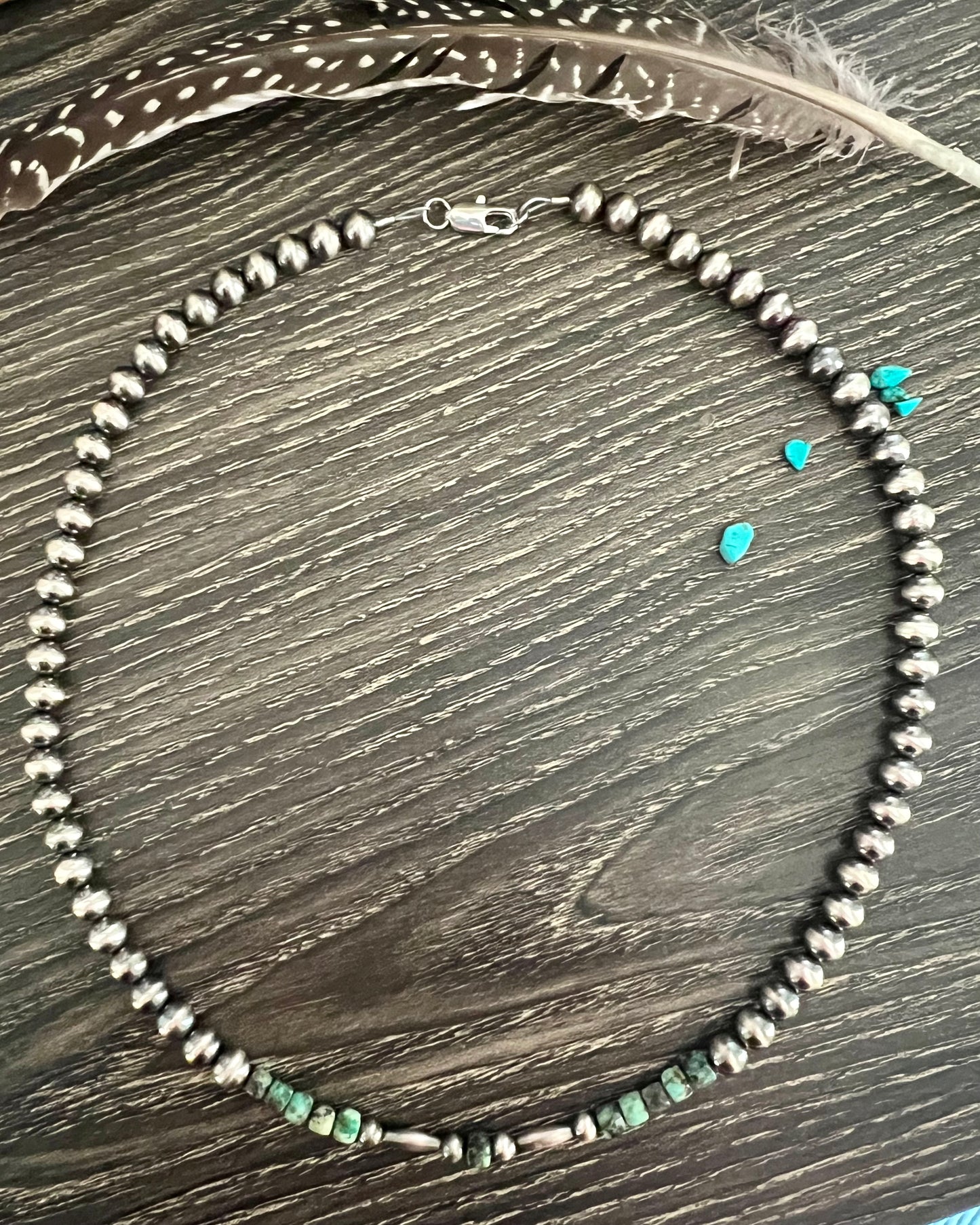 6mm Sterling Pearl Necklace with Turquoise Cube Beads