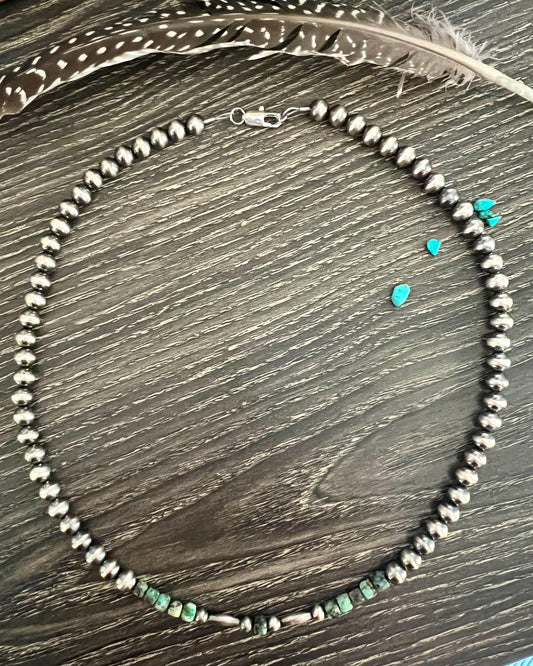 6mm Sterling Pearl Necklace with Turquoise Cube Beads