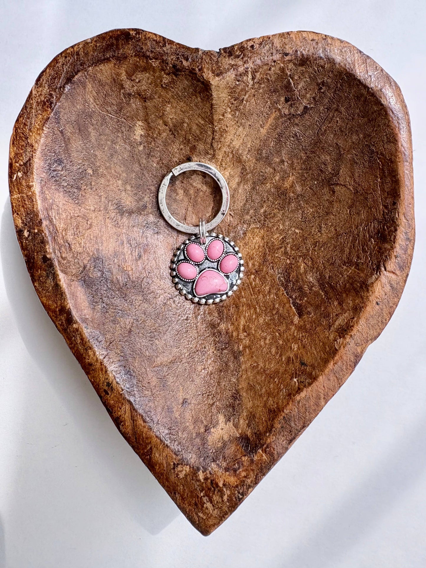 Dog Paw Stone Round Metal Pendant Keychain