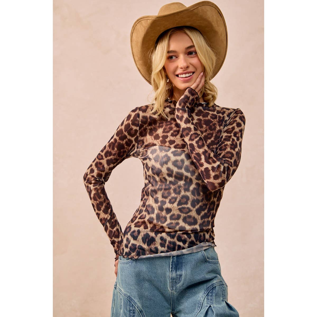 MESH LEOPARD PRINTED TOP WITH LONG SLEEVES