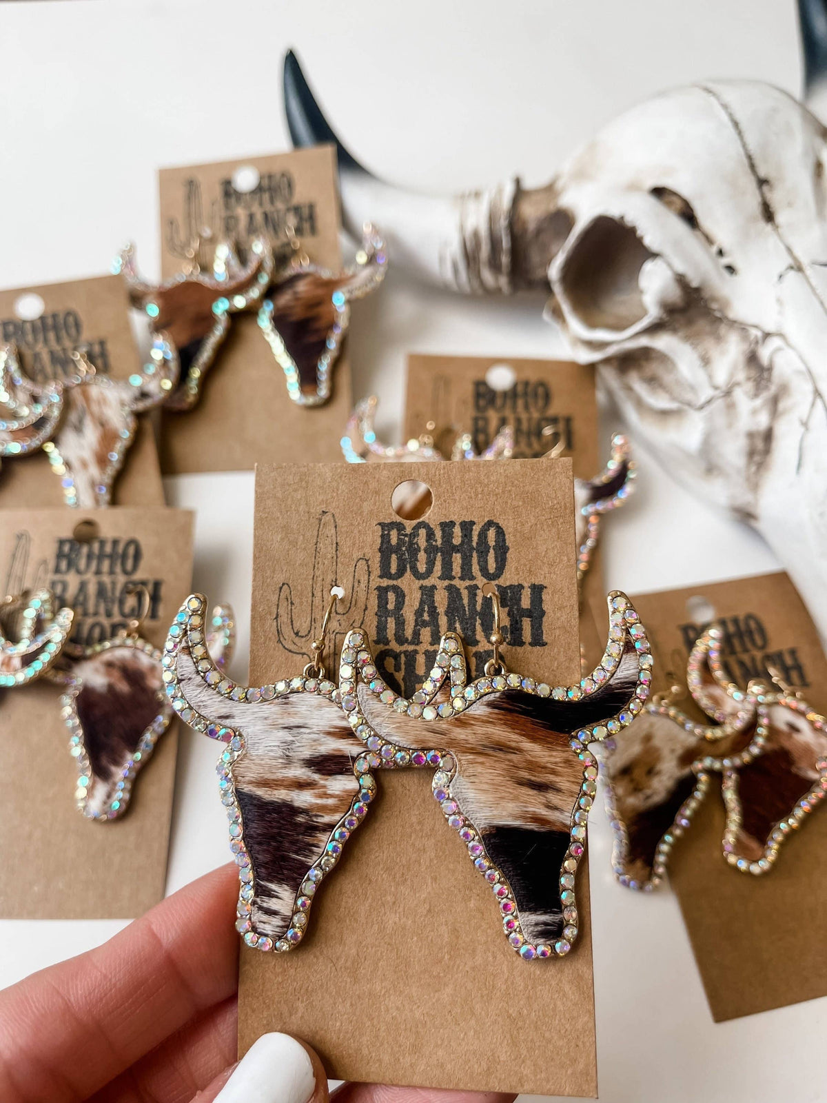 Western Cowhide Bling Steer Longhorn Earrings