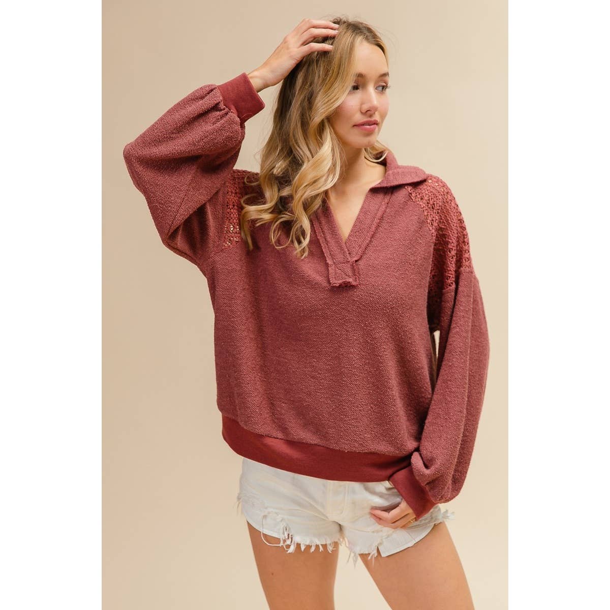 CP FRENCH TERRY LACE SHOULDER TOP