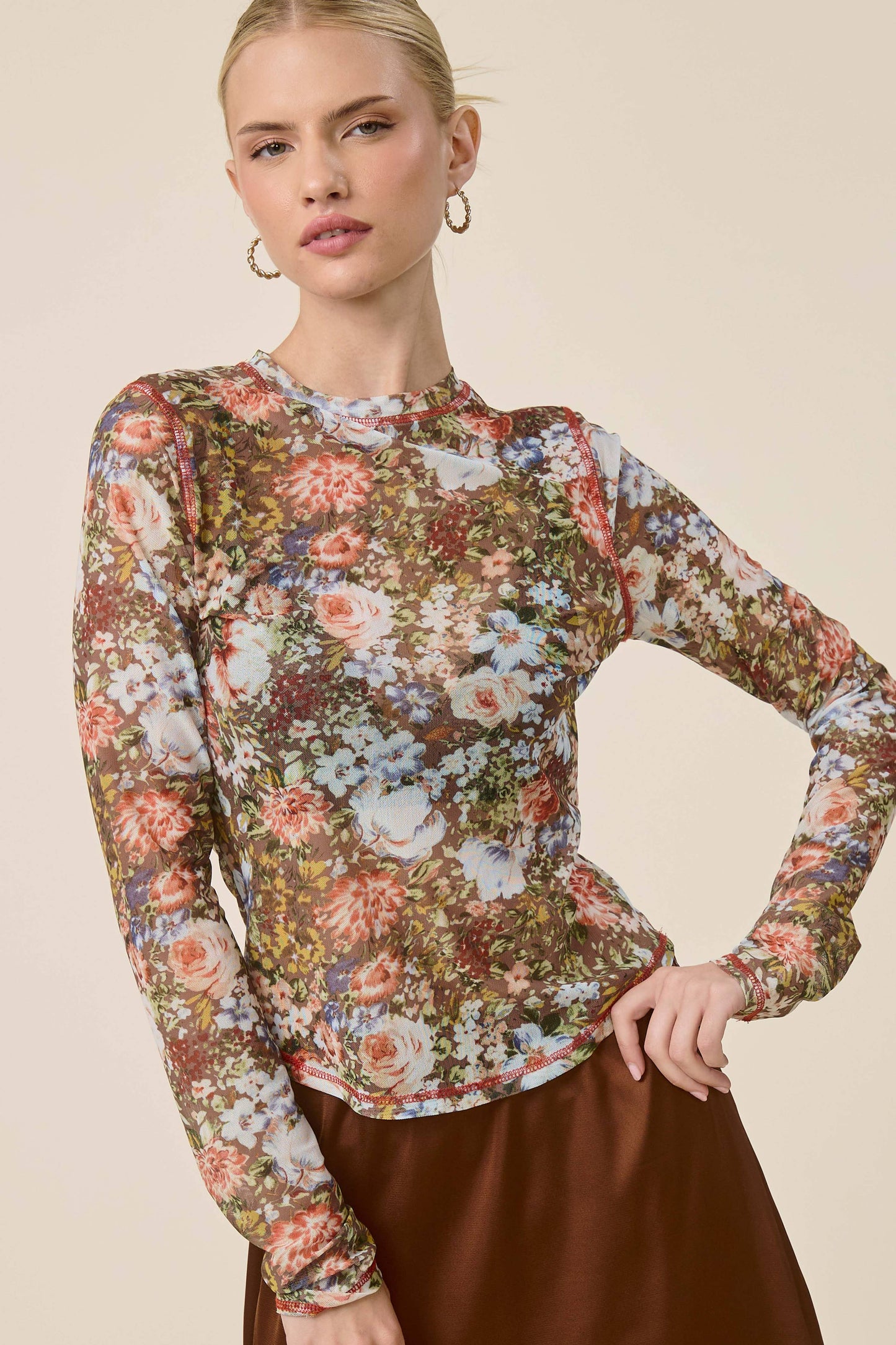 JCT7700-Semi Sheer Crew Mock Neck Long Sleeve Mesh Top