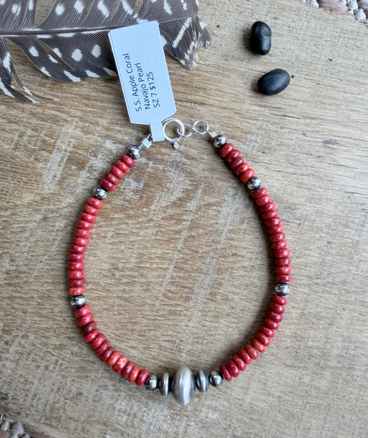 Sterling Silver and Apple Coral Navajo Pearl Bracelet Native Made By Harold Tahe