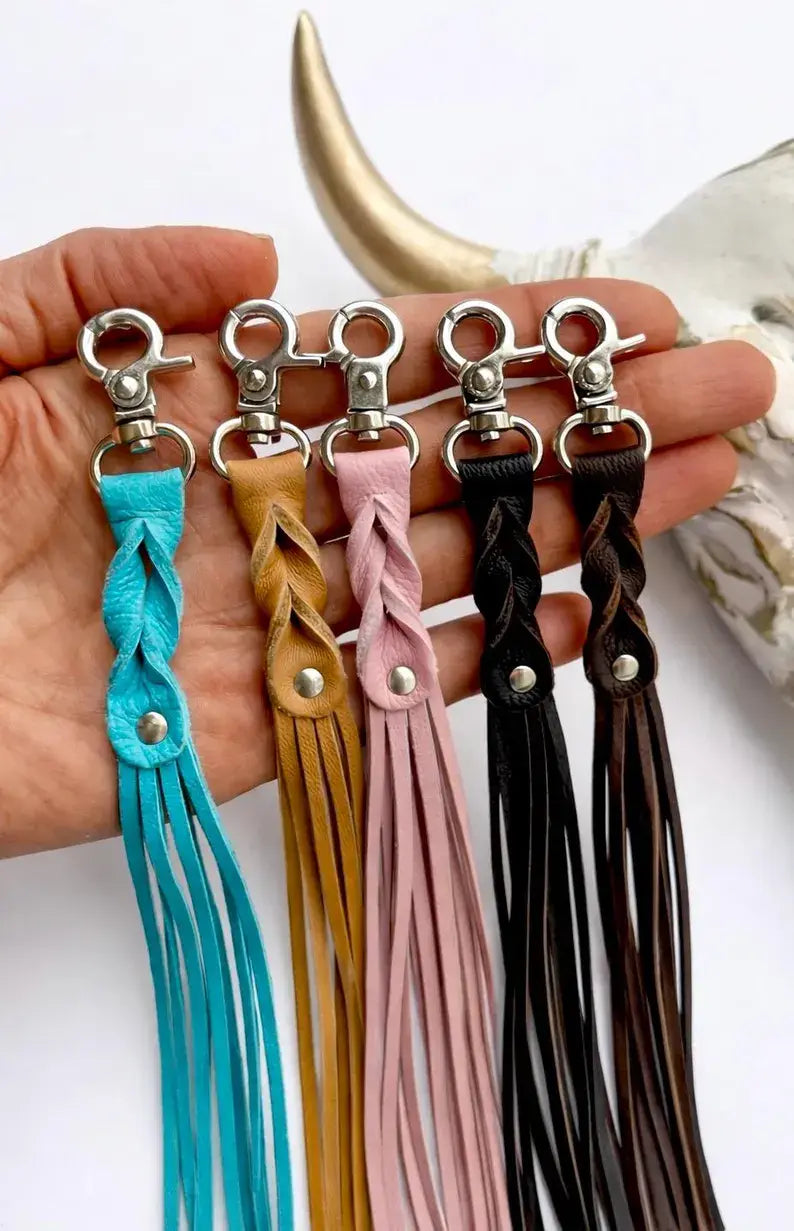 Western Leather Skinny Fringe Keychain - Tassel Keychain