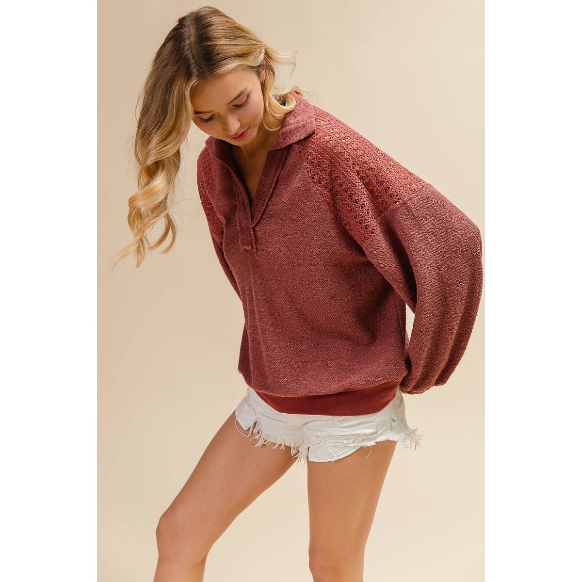 CP FRENCH TERRY LACE SHOULDER TOP