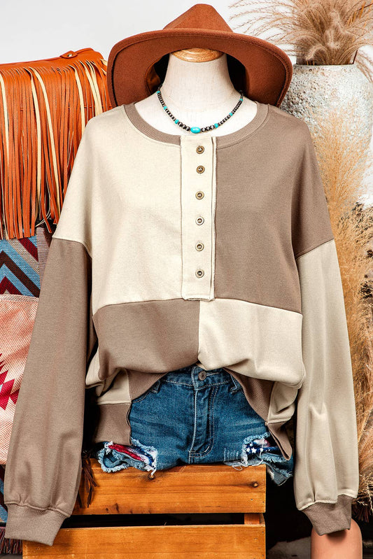 Colorblock Henley High Low Oversize Sweatshirt