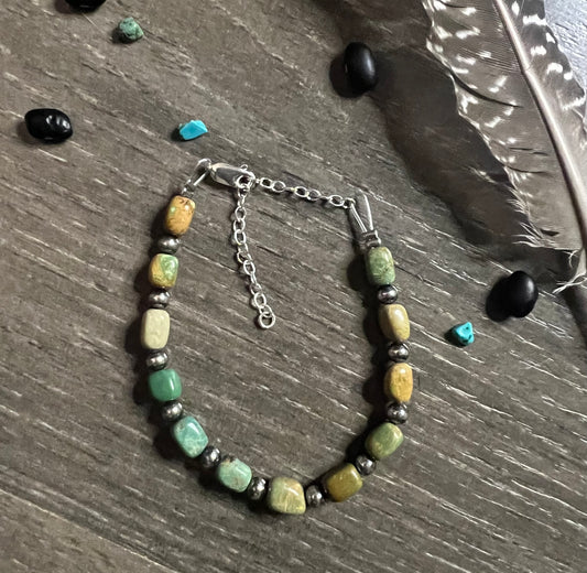 Polished Turquoise and Sterling Pearl Bracelet