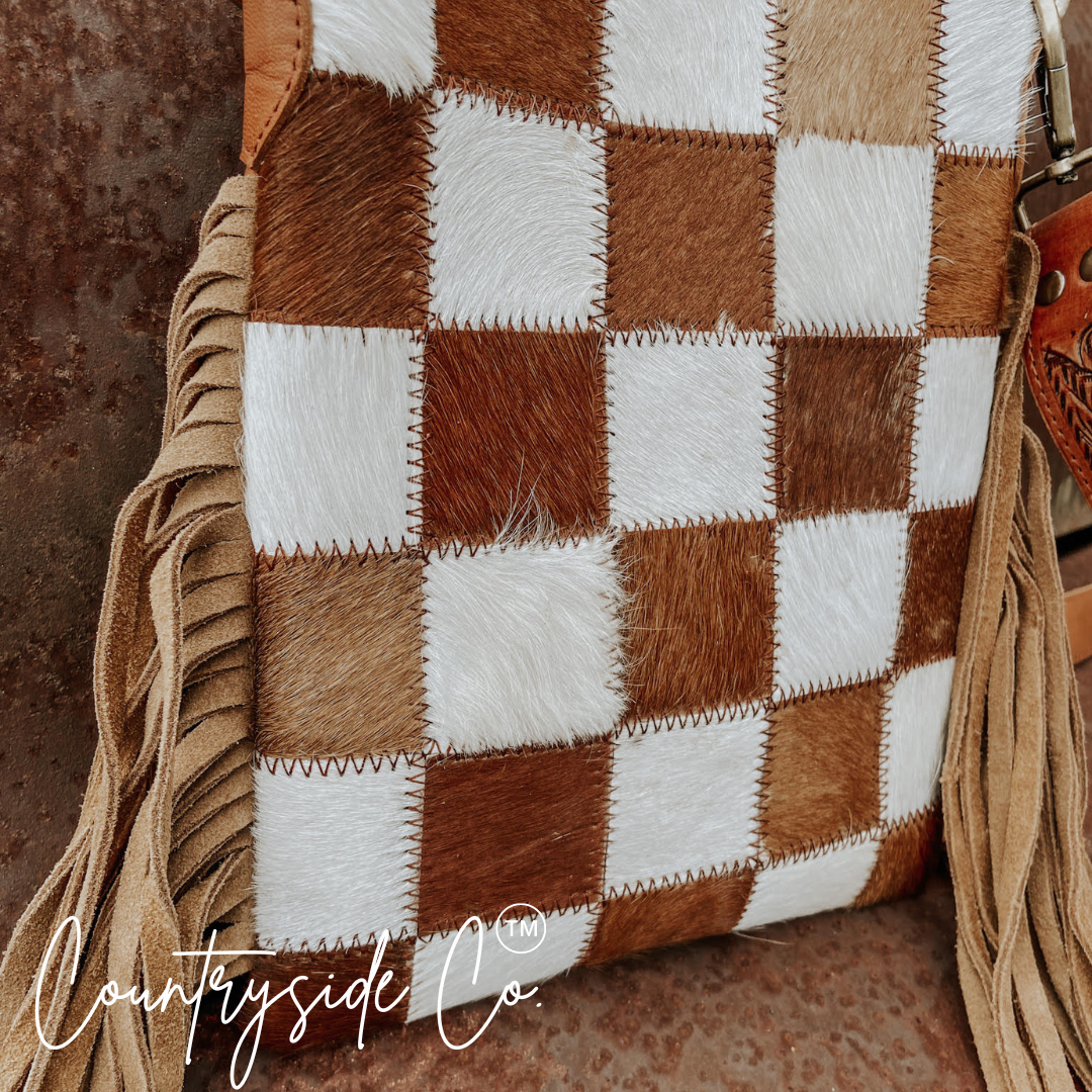 Stockdale Checkered Cowhide Fringe Purse, Brown & White