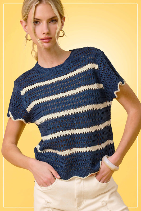 Round Neck Scalloped Edge Short Sleeve Sweater Easte