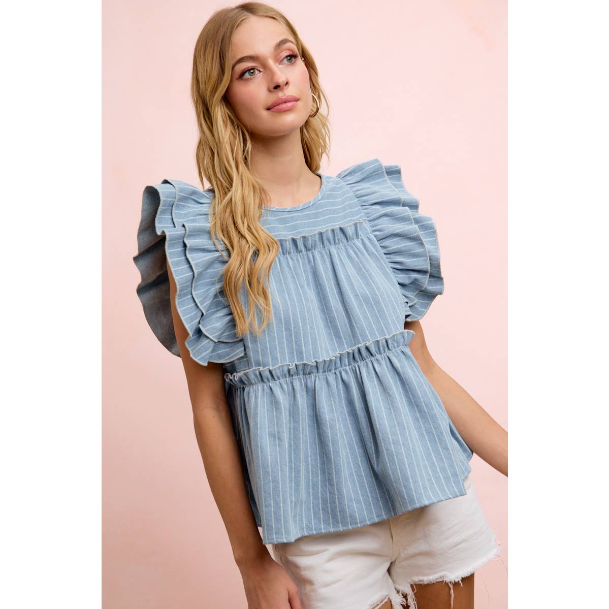 STRIPE DENIM RUFFLE SLEEVES TOP WITH BACK KEY HOLE