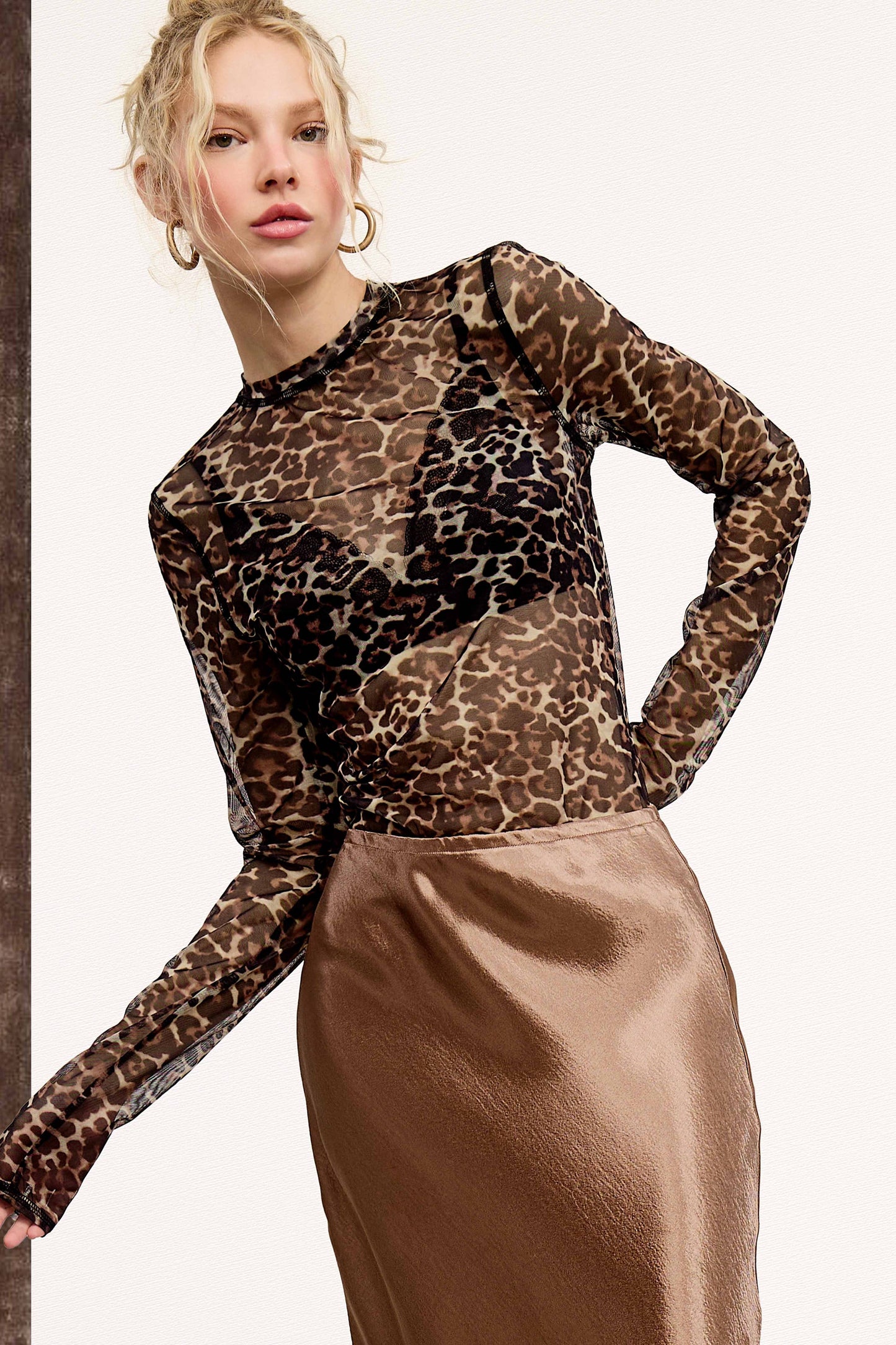 SemiSheer Leopard Crew Mock Neck Longsleeve Mesh Top