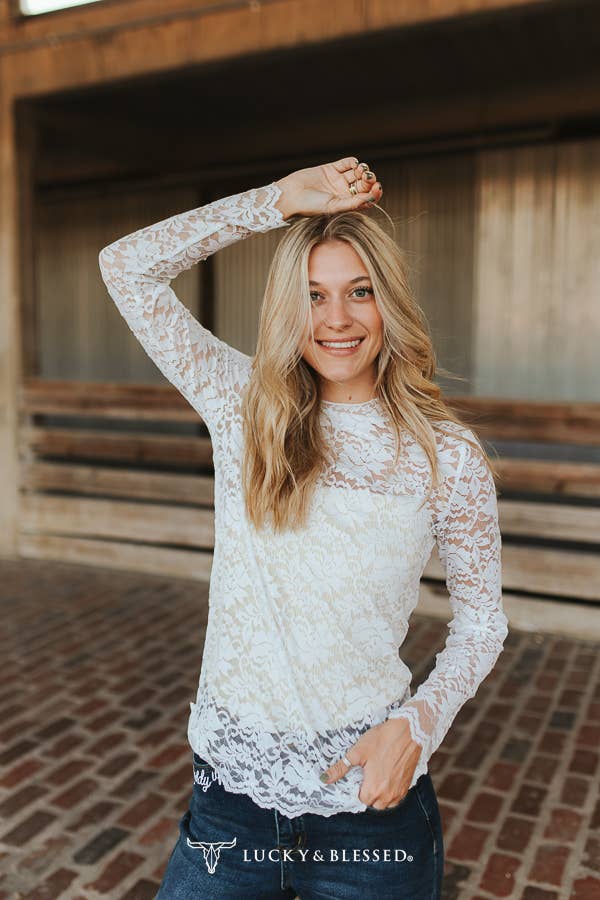Ivory Floral Lace Mock Neck Long Sleeve Top