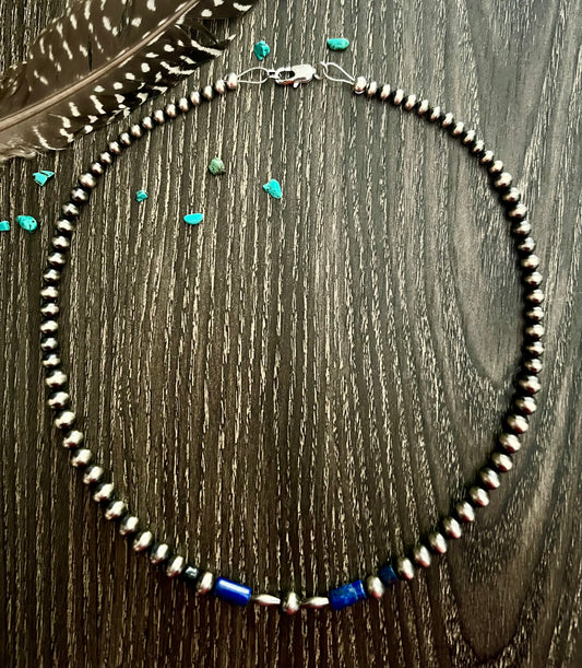 17.5” Graduated Sterling Pearl Necklace with Lapis Beads