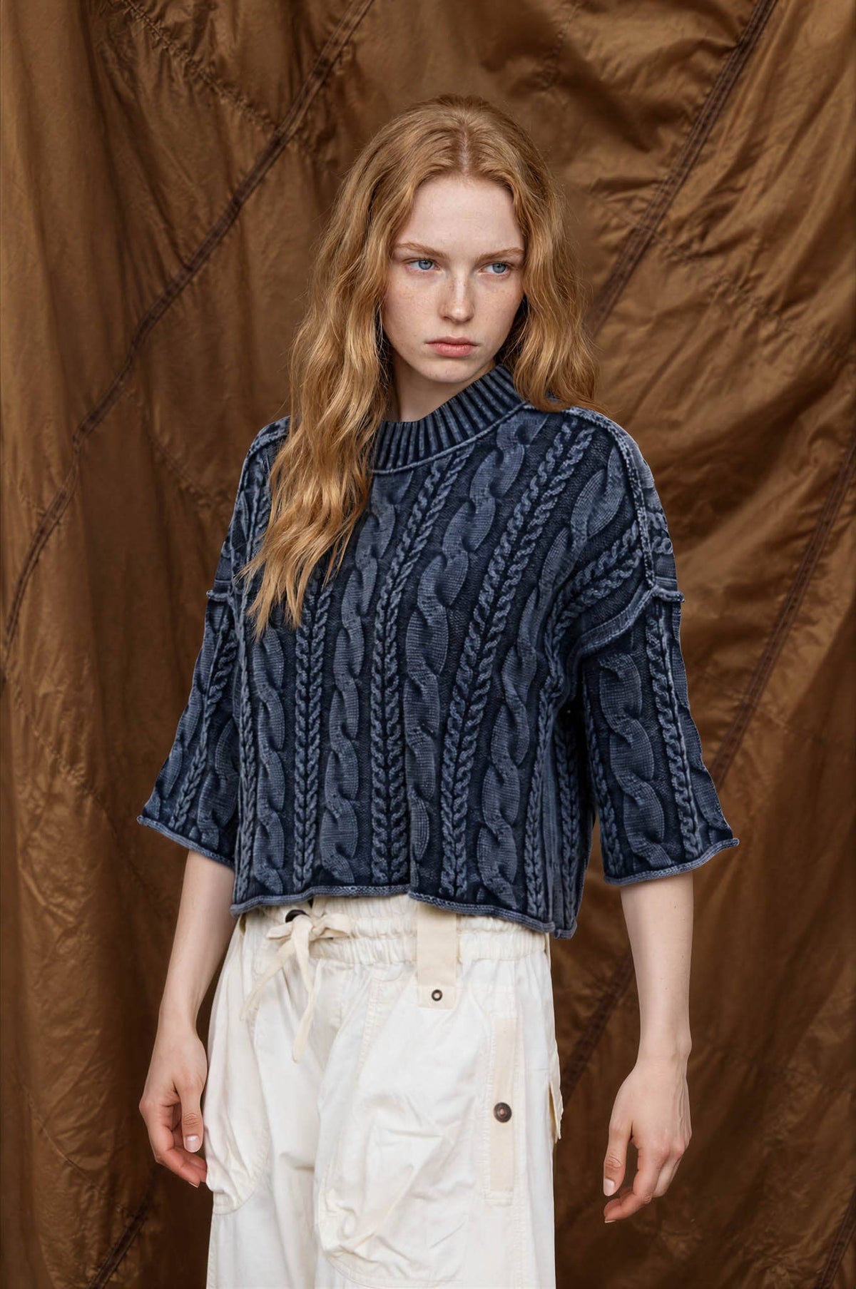 WASHED 3/4 SLEEVE TURTLENECK CABLE KNIT PULLOVER