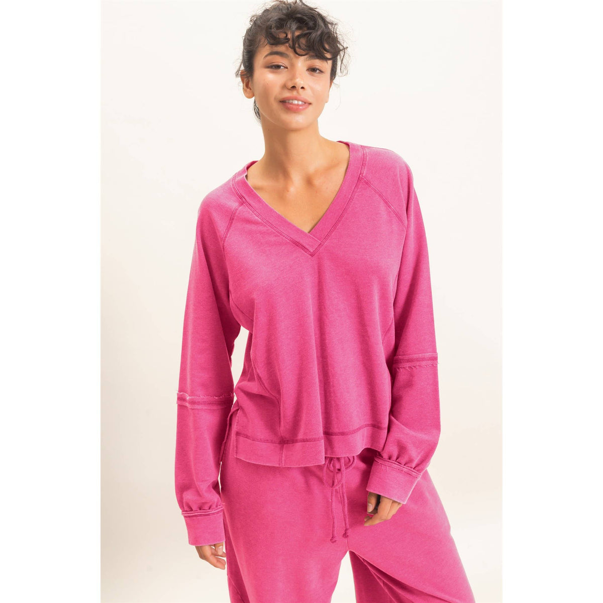 Mineral Wash V-Neck Seam Detail Sweatshirt