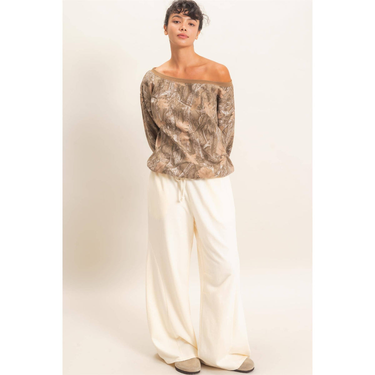 Tree Camouflage Print Off The Shoulder Sweatshirt