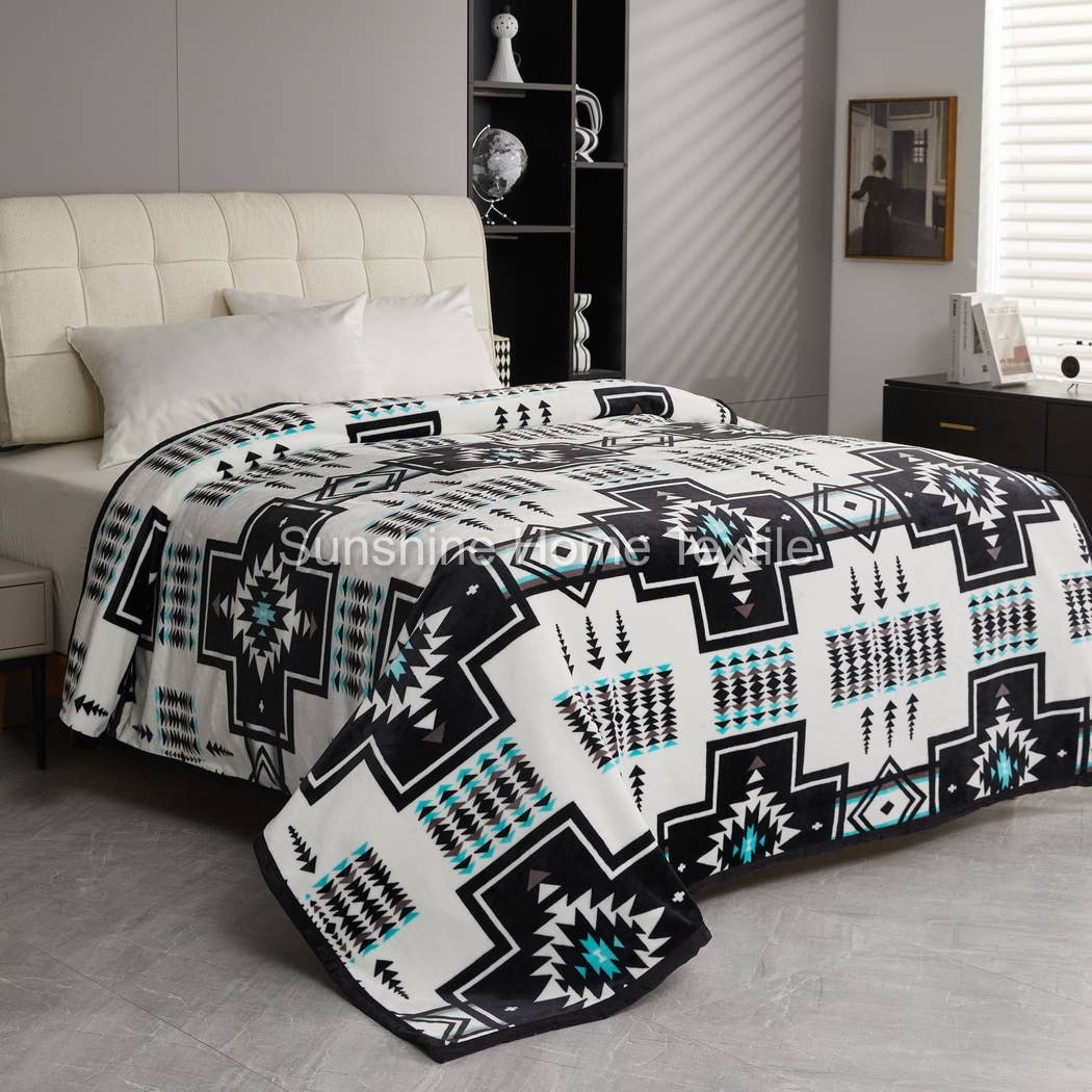 White Southwest Aztec King Size Super Soft Plush Blanket