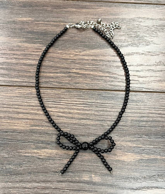 739576, Handmade 15" 4mm Coated Black Bow Necklace