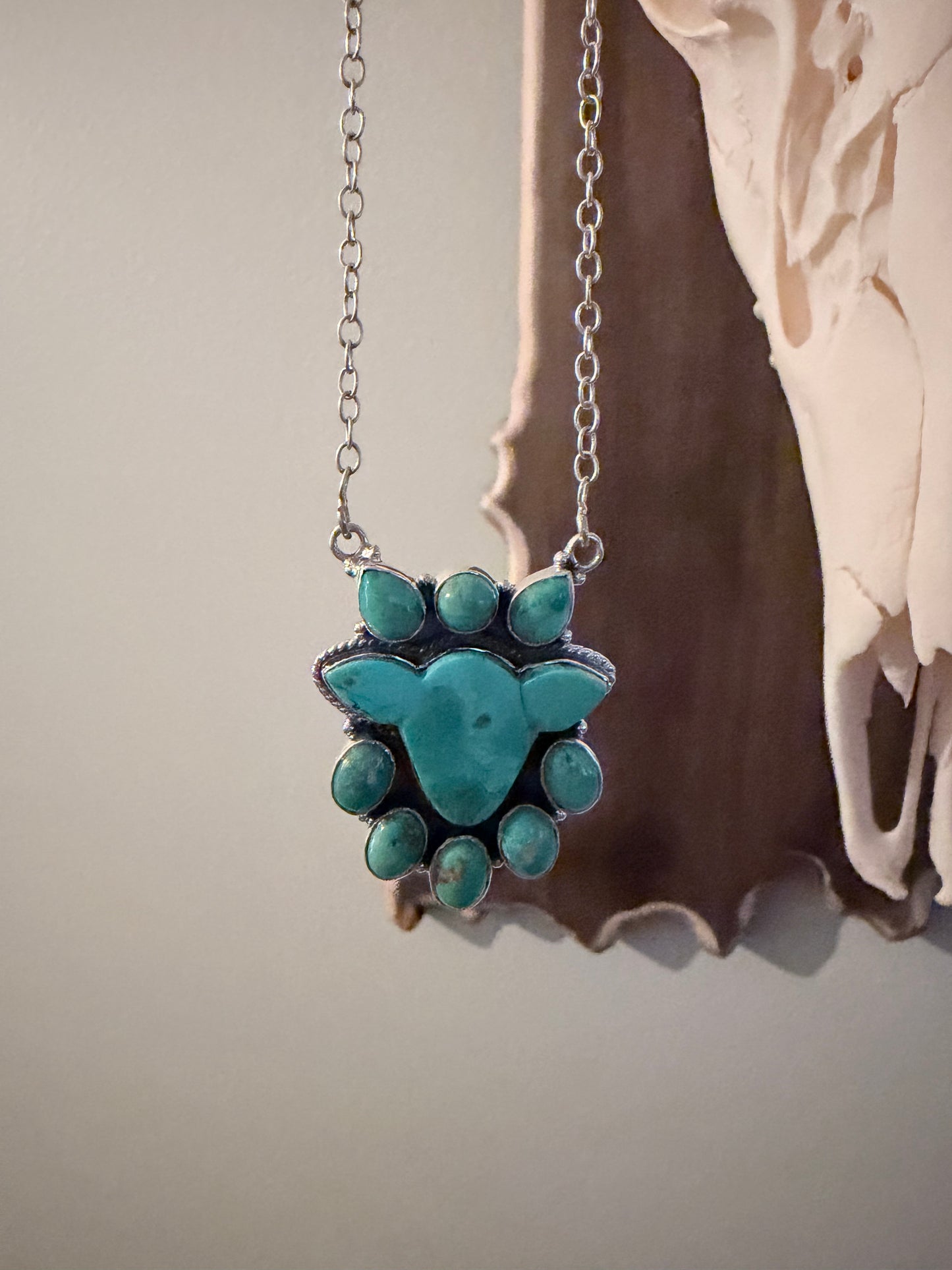 Kingman Turquoise Cow Head Cluster Necklace