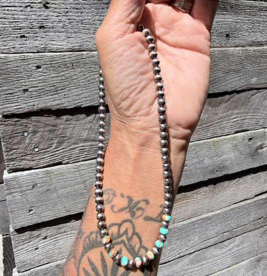 6mm Sterling Pearl Necklace with Turquoise and Spiny Mojave Beads