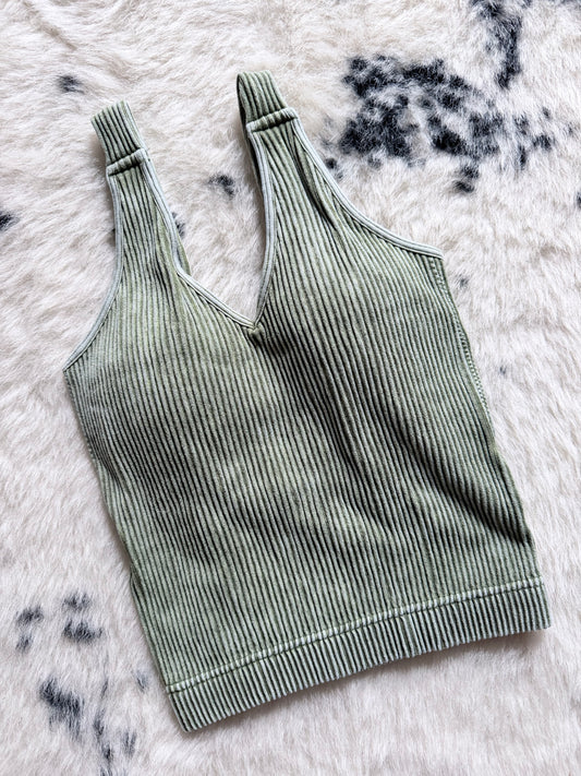 Ribbed Stretch Padded Tank in Olive