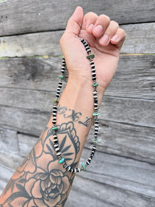 Agate Bead Necklace with Turquoise and 2mm Sterling Pearls