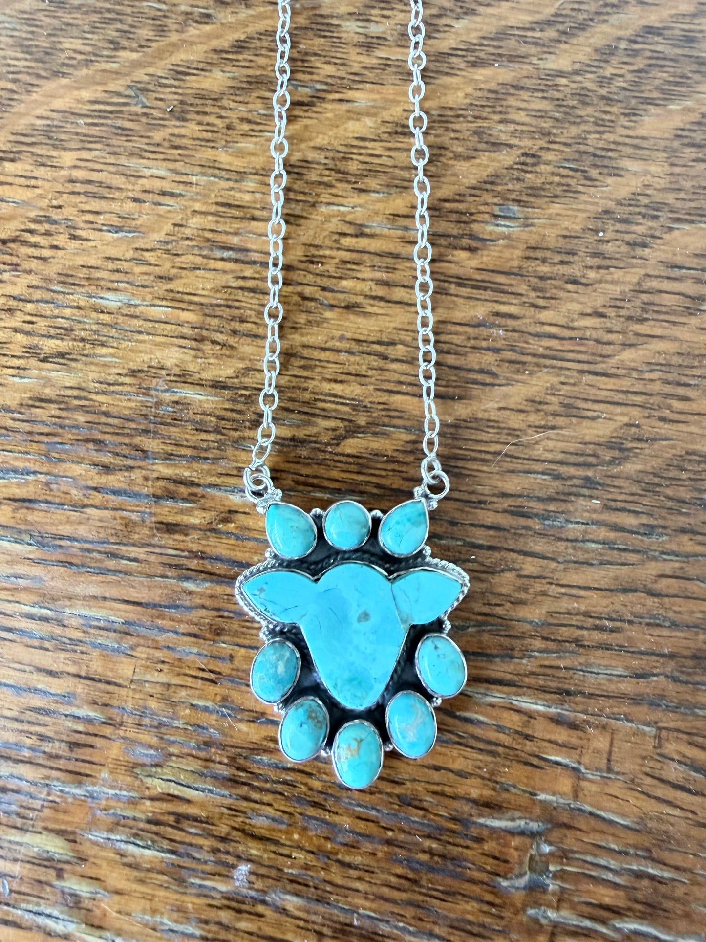 Kingman Turquoise Cow Head Cluster Necklace