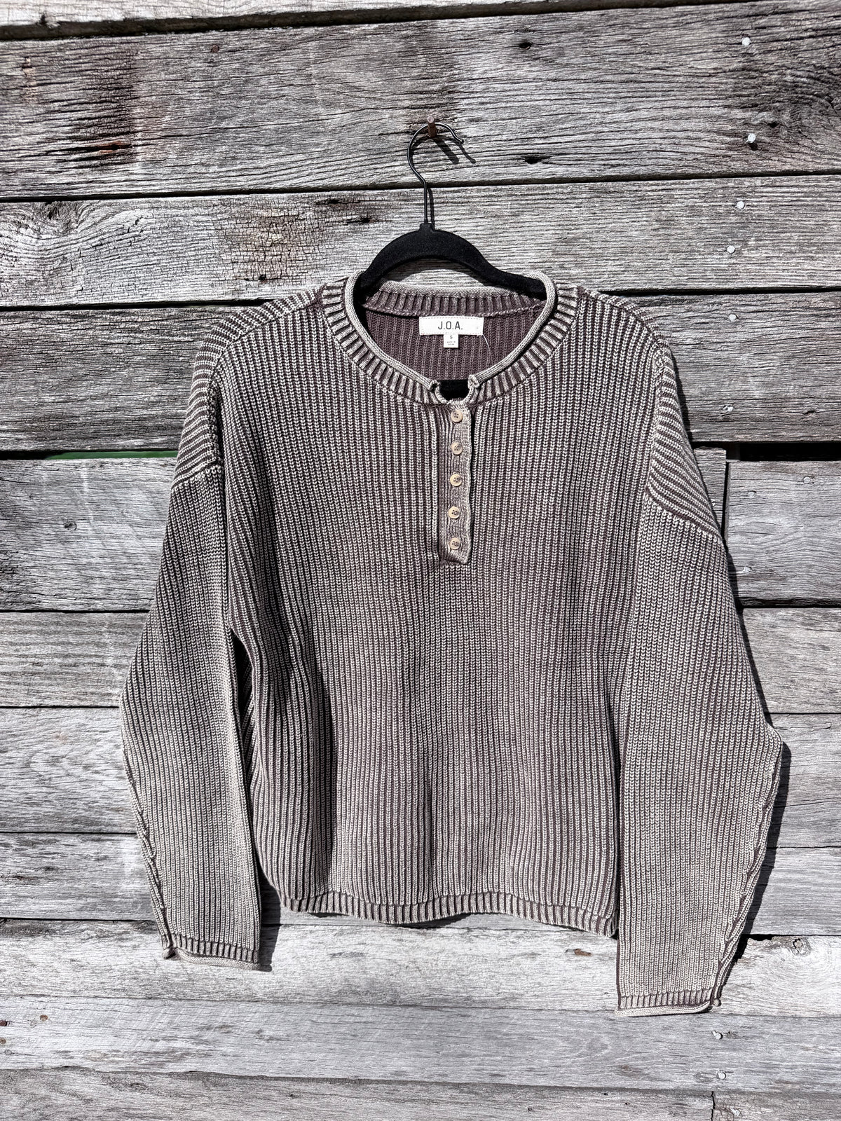 WASHED RIBBED HENLEY DROP SHOULDER KNIT SWEATER