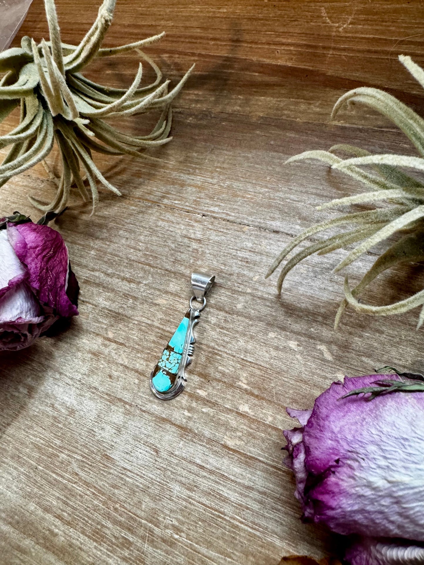 Teardrop Pendant with Kingman Turquoise – Sterling Silver – Native Made by SF – Fits 5mm