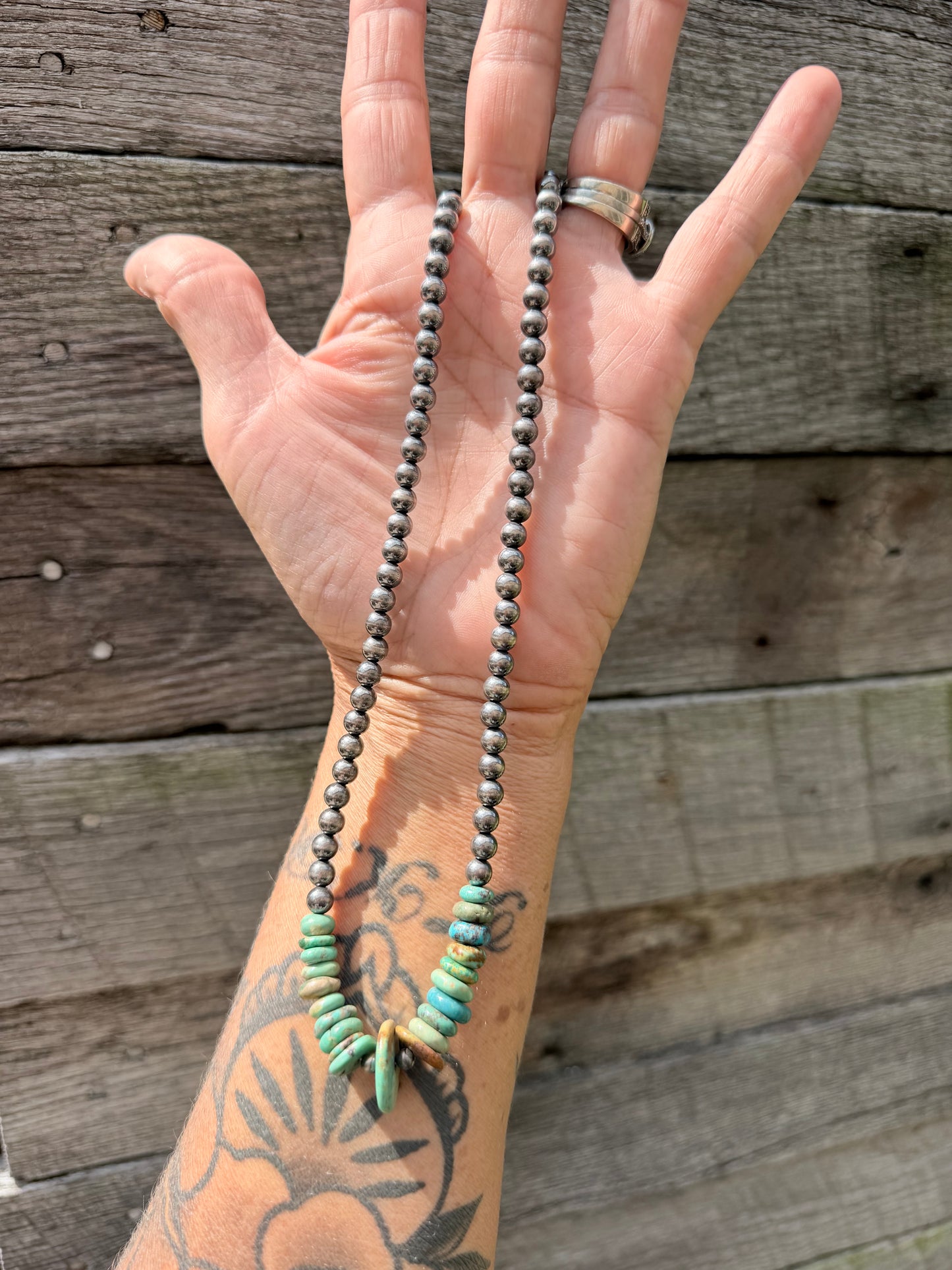 6mm Sterling Pearl and Turquoise Disk Bead Necklace